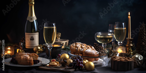 Festively set table with glasses  champagne and snacks. Christmas tree with bokeh on background