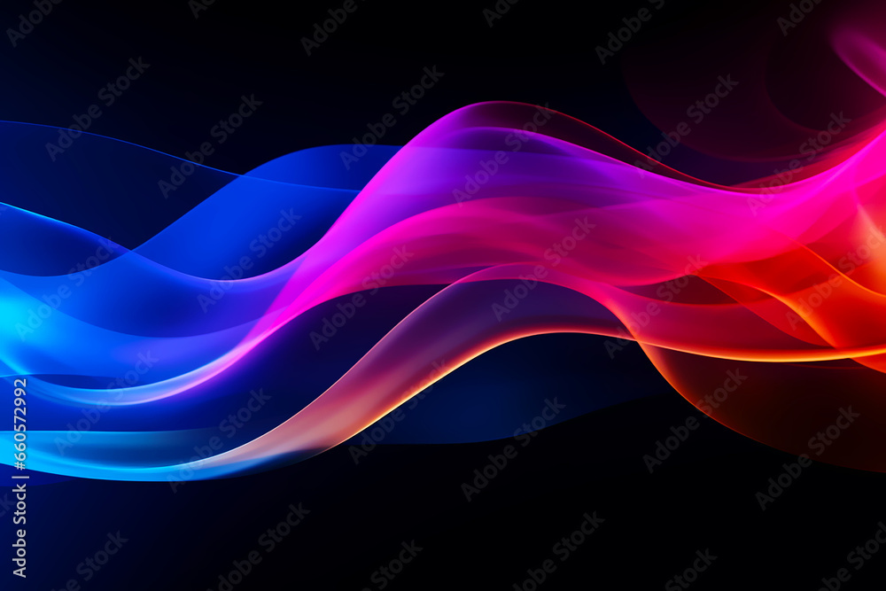 Fototapeta premium Smoke abstract Colorful blue purple pink gold wave on black background curves backdrop