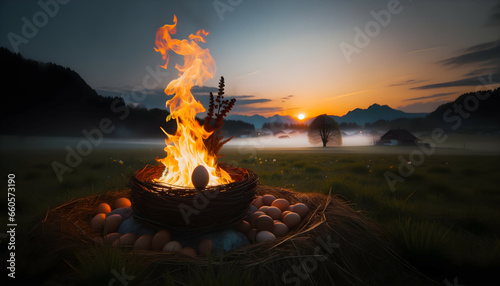 Small Traditional Easter Bonfire, Clear Evening Sky, AI Generated