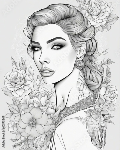 image of a beautiful woman with tattoos  coloring book style  darkly romantic illustration  black and white coloring  detailed beauty portrait  outlined art  illustration black outlining  goddess