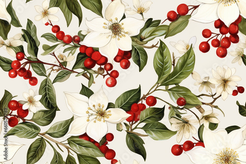 Seamless Christmas pattern with pink and red poinsettia, holly, mistletoe and berries. Floral tile