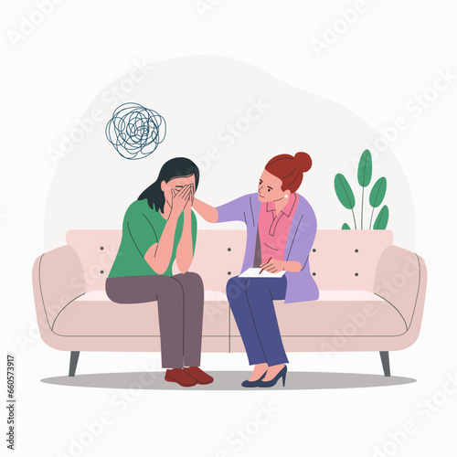 Sad woman sitting with his head in his hands.Psychological support. Doldrums concept. Vector flat cartoon  illustration
