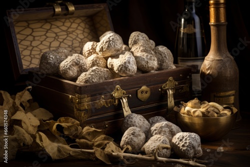 A display of rare white truffles, freshly harvested and presented on a wooden board, embodying culinary luxury and rarity.