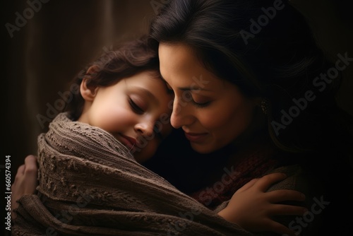 Mother and child sharing a genuine  tearful embrace - Human Connection - AI Generated