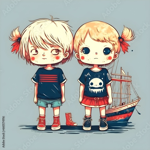 Deux enfants kawaii aqui fabriquent un bateau le premier les cheveux chatin et porte un Tshirt et un short bleu et des savates bleus le deuxieme les cheveux blond et porte un Tshirt et un short noir  photo