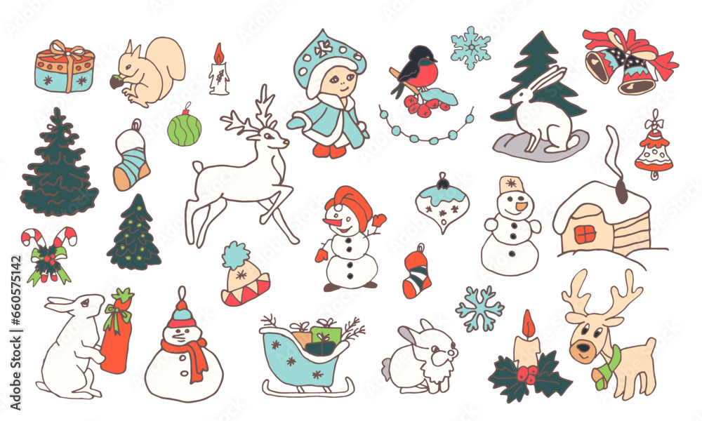 Fototapeta premium Christmas doodle vector collection. New year celebration elements. Christmas decorations set. Hand-drawn vector illustration.
