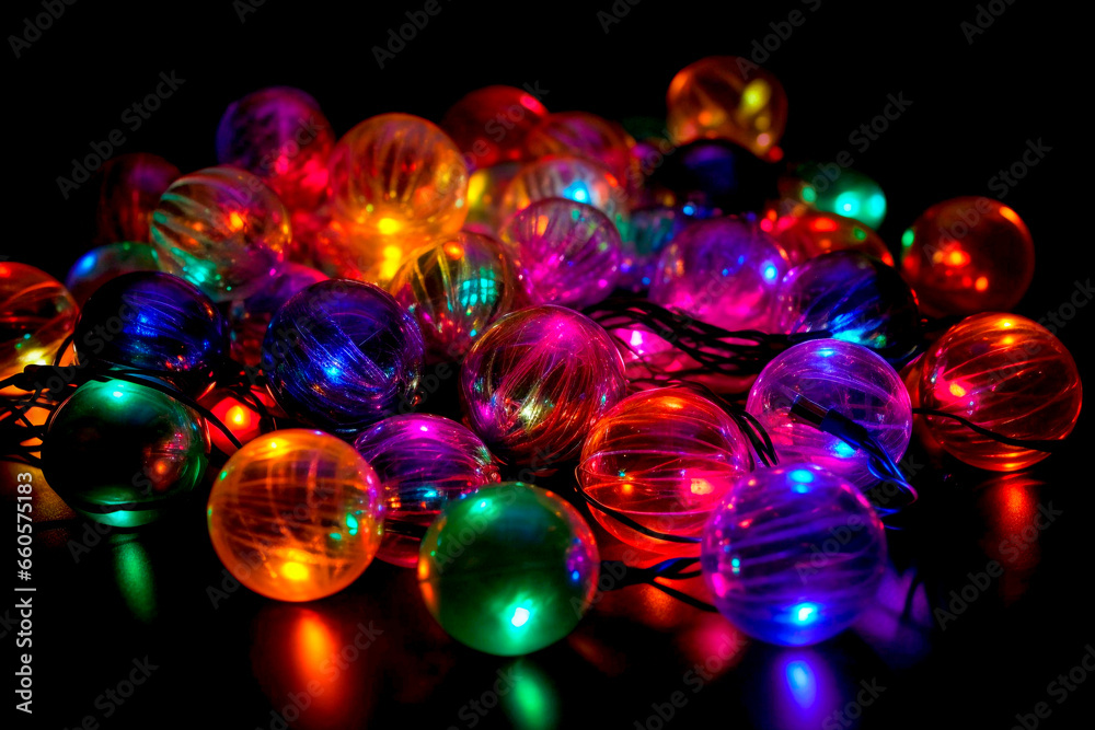 glowing garland in the form of balls on a dark background, festive background glowing garland in the form of balls on a dark background, festive background