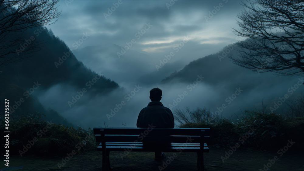 Silhouette of man sitting on bench and looking at the misty landscape - obrazy, fototapety, plakaty 