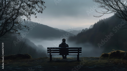 Silhouette of man sitting on bench and looking at the misty landscape