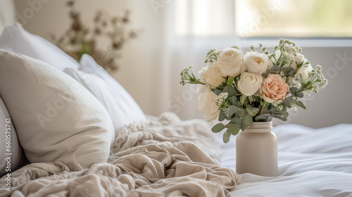 Close-up of a bunch of beautiful fresh flowers, king size soft bed. Banner for luxury hotel resort. © SnowElf