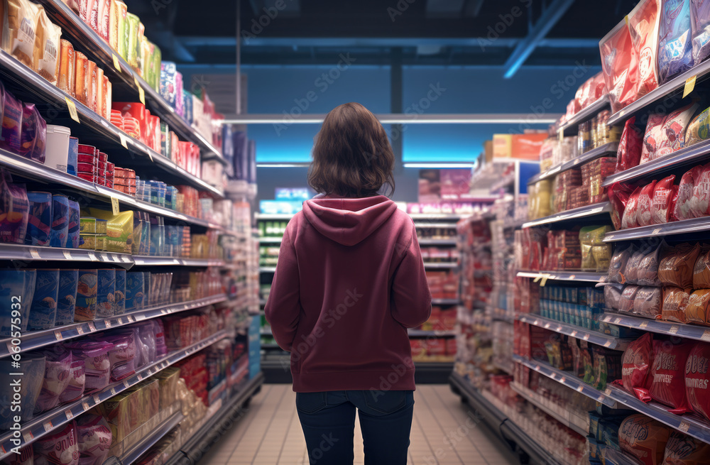Woman looking at products inside a supermarket