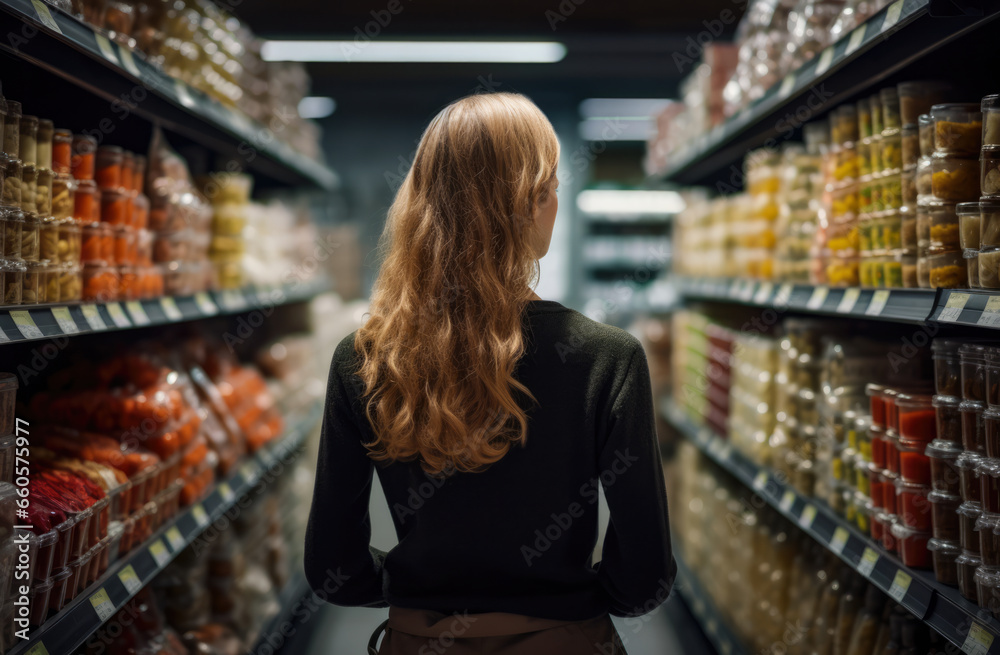 Woman looking at products inside a supermarket