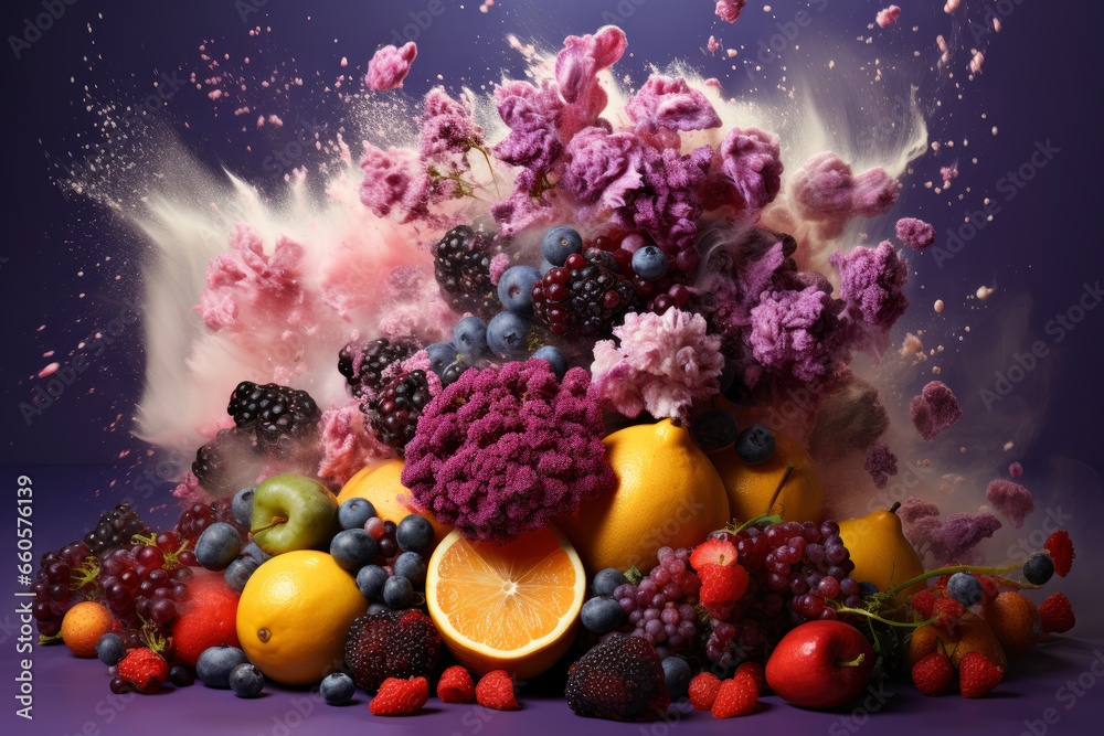 Fresh fruits with drops of juice and pulp exploding on black background, healthy eating concept Fresh fruits with drops of juice and pulp exploding on black background, healthy eating concept