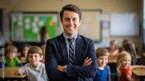 Portrait of happy male teacher in classroom in front of pupils