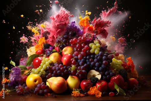 Fresh fruits with drops of juice and pulp exploding on black background, healthy eating concept