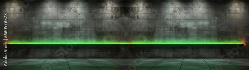 Concrete wall with green neon light line on dark grey background with white lights from above photo