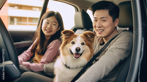 Portrait of a happy family in the car with their dog