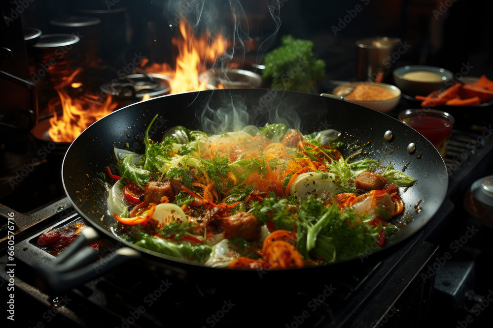 Stewed vegetables in a frying pan, vegetable ratatouille Stewed vegetables in a frying pan, vegetable ratatouille