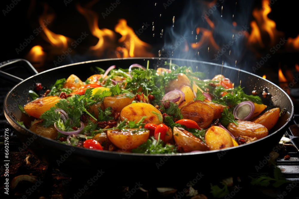 Stewed vegetables in a frying pan, vegetable ratatouille