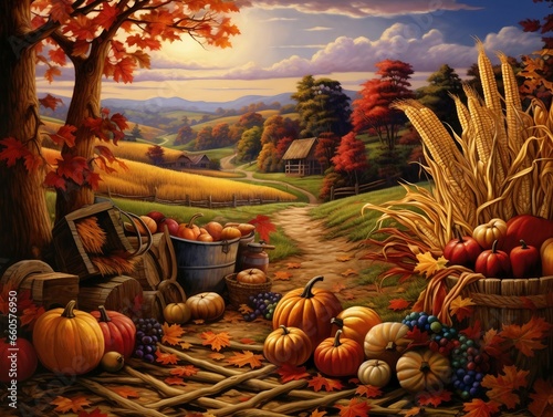 painting of a harvest scene with fruits and vegetables  harvest fall vibrancy  harvest fall vibrance  harvest  beautiful high resolution  autumn season  the goddess of autumn harvest  cornucopia  fall
