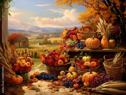 painting of a harvest scene with fruits and vegetables, harvest fall vibrancy, harvest fall vibrance, harvest, beautiful high resolution, autumn season, the goddess of autumn harvest, cornucopia, fall photo