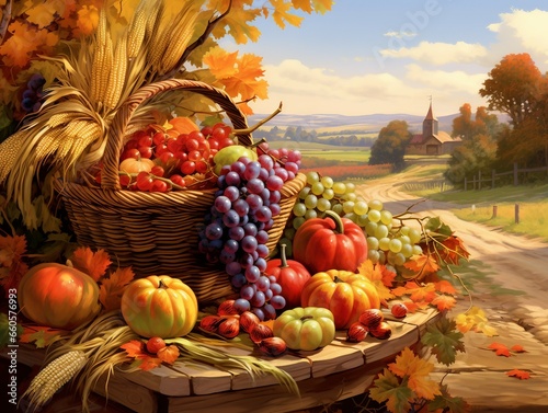 painting of a harvest scene with fruits and vegetables, harvest fall vibrancy, harvest fall vibrance, harvest, beautiful high resolution, autumn season, the goddess of autumn harvest, cornucopia, fall