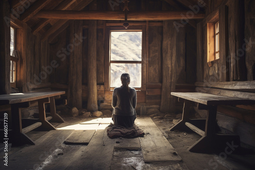 Within the hushed interior of a remote mountain chapel, a busy hiker takes a moment to kneel on the wooden floor and pray, the rugged beauty of the natural surroundings providing a 
