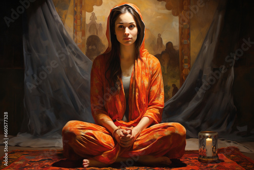 In a multicultural place of worship, a busy woman from diverse cultural backgrounds sits cross-legged on a prayer mat, her attire reflecting her heritage, as she engages in a medit  photo