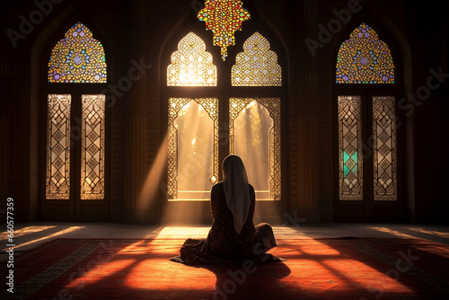 Within an intricately decorated mosque, a busy working woman, her head modestly covered, takes a moment to kneel on a plush prayer rug, her silent supplications framed by the intri 