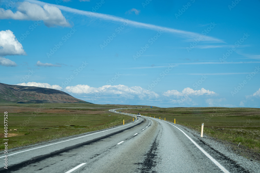 Road along the Golden Circle route in Iceland, popular with tourists. Summer scene