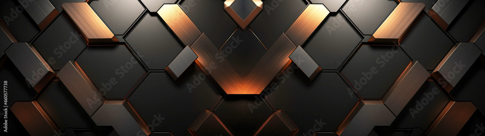 Metal as different shapes, black and gold elements with 3d effect in different layers, background, banner, texture