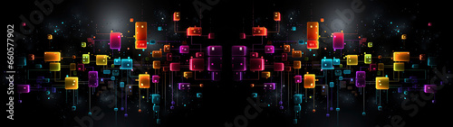 Geometric colored shapes like tetris, connected with lines on black background, banner, texture photo