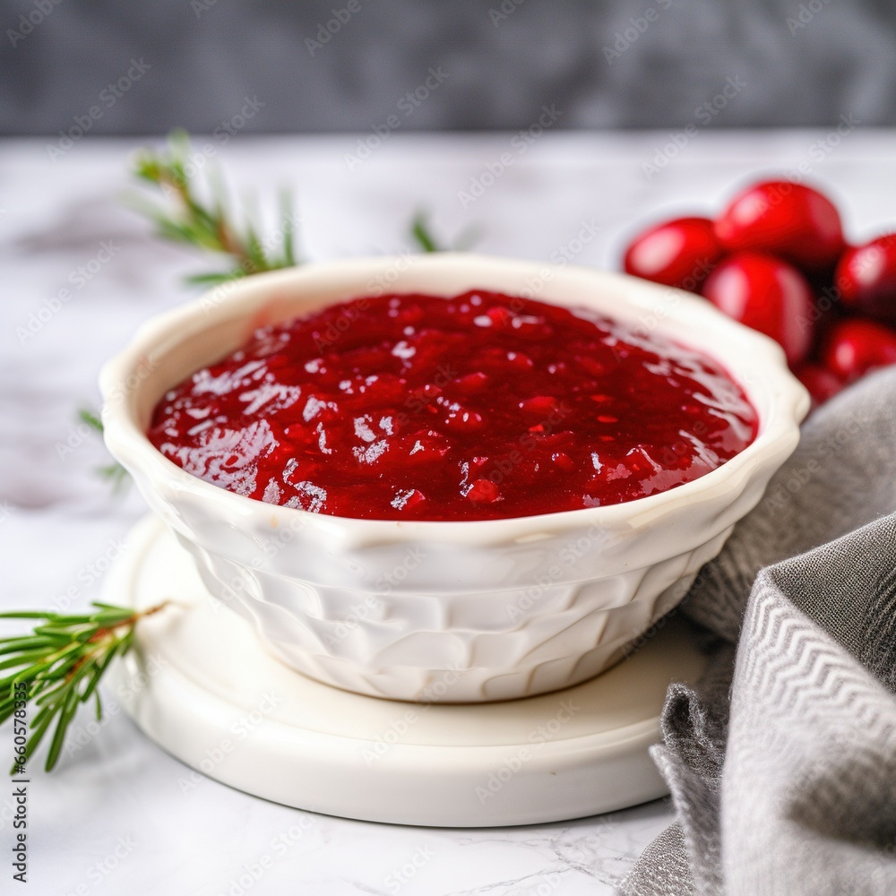 cranberry sauce in white bowl on marble table