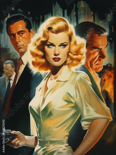 hollywood pulp crime. a painting of a man and a woman standing next to a car, old retro pulp noir comic cover, movie poster painting, classic film noir scene, movie poster art, 
