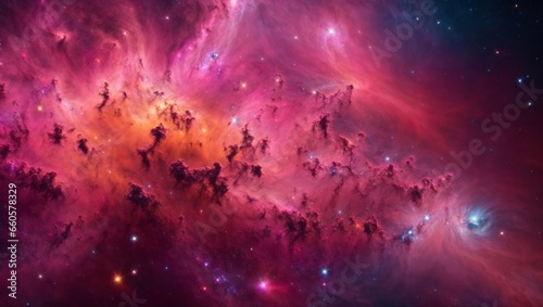 A view of deep space, filled with stars of all colors and sizes. In the center, a colorful nebula in shades of pink and orange stands out, looking like a cosmic flower in full bloom.