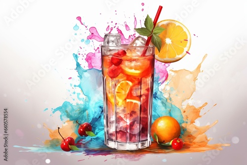 Colorful drink illustration with watercolor splashes. Generative AI