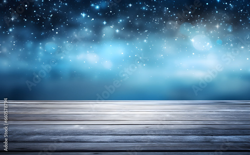 Blue winter background of a wooden floor in the style of a snow scene, copy space