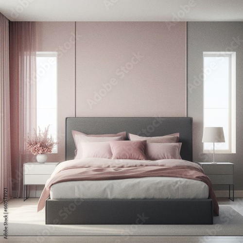 bedroom with modern bed, pink and gray color, airy window with solid wall