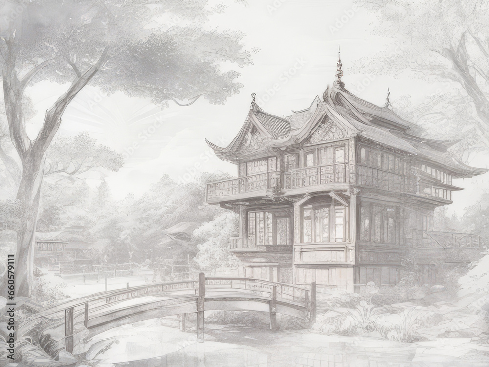Sketch drawing pencil color_chinese temple in the fog