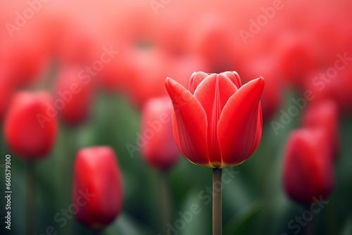 A single vibrant tulip amidst a field of blurred tulips. Generative AI