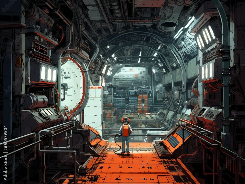 Inside spaceship a man standing inside of a large space ship, detailed spaceship interior, detailed digital concept art, space station interior, future science fiction. game cg, sci-fi space game art,