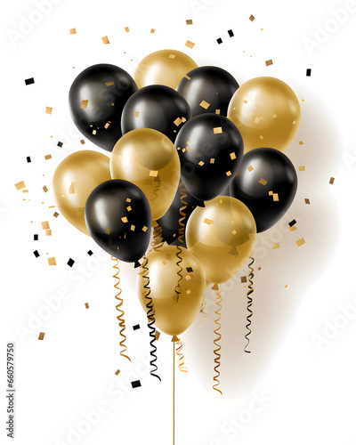 Festive black and gold balloons and confetti on a white background celebration theme
