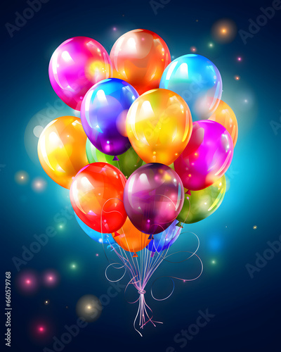 Festive rainbow neon color balloons and confetti on a color background celebration theme