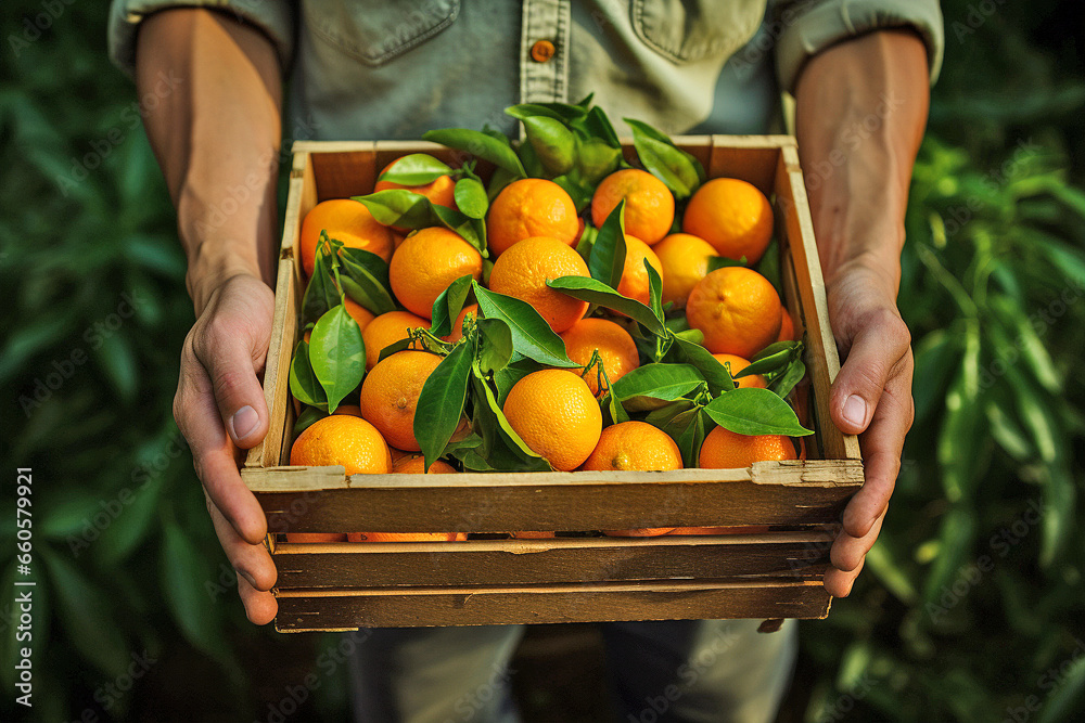 Man holds harvest of tangerines in wooden box his hands