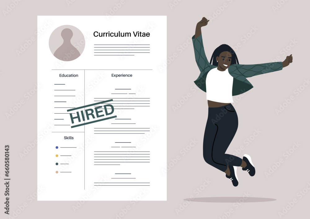 A young female character leaping with overwhelming joy and positive emotions upon receiving a job offer