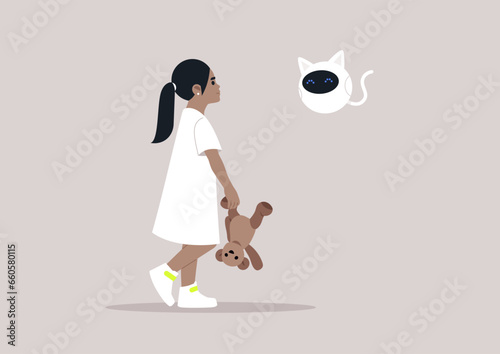 A modern child engaging in play with her home assistant robot designed in the shape of a cat