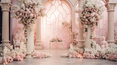 White and pink wedding flowers and wedding decorations background, floral stage, bright window and wedding reception room.