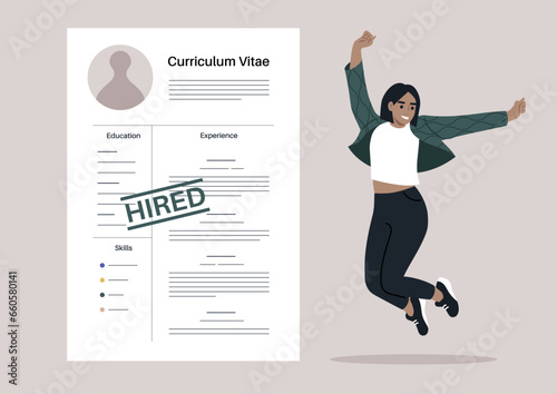 A young female character leaping with overwhelming joy and positive emotions upon receiving a job offer