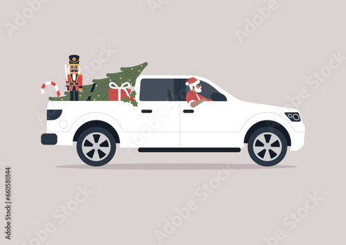 A contemporary Santa Claus, driving a pickup truck, delivering Christmas gifts to children
