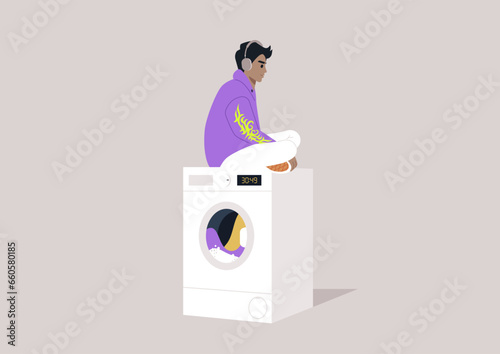 A youthful character in a hoodie, wearing oversized headphones, seated atop a washing machine while patiently awaiting the completion of their laundry